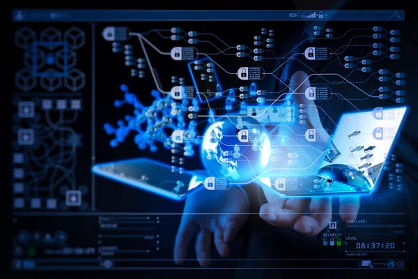 Concepto Tecnología Blockchain Con Diagrama Cadena Blocks Businessman Encriptado Muestra —  Fotos de Stock