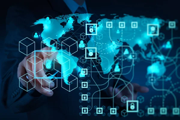 Blockchain teknoloji kavramı zinciri ve şifreli blocks.businessman yeni modern bilgisayar ile birlikte çalışma diyagramı ile göstermek sosyal ağ yapısı