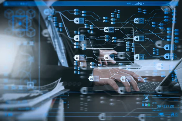 Concepto Tecnología Blockchain Con Diagrama Cadena Blocks Businessman Cifrado Utilizando —  Fotos de Stock