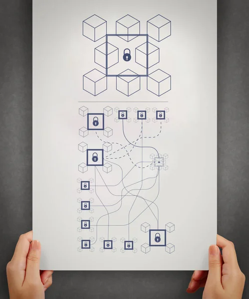 Концепция Технологии Блокчейн Диаграммой Цепи Зашифрованных Blocks Hand Нарисовал Лампочку Стоковое Фото