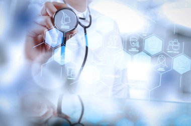 Kozmetik güzellik terapisi, welness, sağlık, sağlık tedavi sanal diyagramı ve düzeltme, gençleştirme, anti-aging prosedür işlemine. Tıp Doktor modern bilgisayar arayüzü ile çalışma
