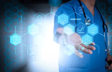 Kozmetik güzellik terapisi, welness, sağlık, sağlık tedavi sanal diyagramı ve düzeltme, gençleştirme, anti-aging prosedür işlemine. Tıp Doktor modern bilgisayar arayüzü ile çalışma