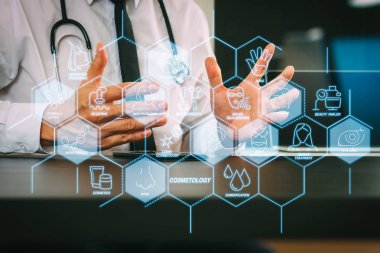 Kozmetik işlemi güzellik terapisi, welness, sağlık, sağlık tedavi sanal diyagramı ve düzeltme, gençleştirme, akıllı telefon ve dijital tablet çalışma anti-aging procedure.smart tıp doktoru 