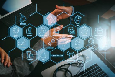 Kozmetik güzellik terapisi, welness, sağlık, sağlık tedavi sanal diyagramı ve düzeltme, gençleştirme, anti-aging prosedür işlemine. Tıbbi ve sağlık kavramı, doktor ve hasta el sıkışan 