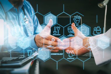 Kozmetik güzellik terapisi, welness, sağlık, sağlık tedavi sanal diyagramı ve düzeltme, gençleştirme, anti-aging prosedür işlemine. Tıbbi ve sağlık kavramı, doktor ve hasta sallayarak                              