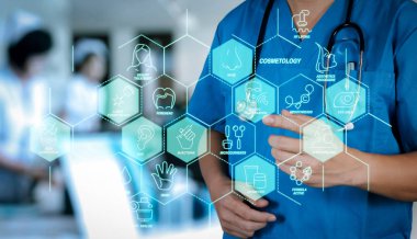 Kozmetik güzellik terapisi, welness, sağlık, sağlık tedavi sanal diyagramı ve düzeltme, gençleştirme, anti-aging procedure.medical Doktor stetoskop ile modern hastanede çalışan işlemle