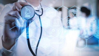 Kozmetik güzellik terapisi, welness, sağlık, sağlık tedavi sanal diyagramı ve düzeltme, gençleştirme, anti-aging procedure.medical Doktor stetoskop ile modern hastanede çalışan işlemle