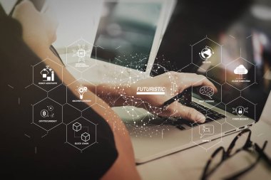 Sanayi 4.0 ve iş Sanal Diyagram AI, robot asistanı, bulut, büyük veri ve otomasyon ile fütüristik. iş kavramı. Menkul Kıymetler Borsası Proje modern ofis çalışma iş adamı. Dizüstü bilgisayar dijital tablo.