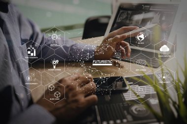 Sanayi 4.0 ve iş Sanal Diyagram AI, robot asistanı, bulut, büyük veri ve otomasyon ile fütüristik. İşadamı el çalışma kavramı. Belgeleri ekonomi grafik grafik. 