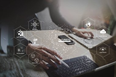 Sanayi 4.0 ve iş Sanal Diyagram AI, robot asistanı, bulut, büyük veri ve otomasyon ile fütüristik. Web sitesi tasarımcısı dijital tablet çalışma dock klavye ve bilgisayar laptop ile akıllı telefon.
