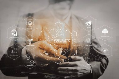 Sanayi 4.0 ve iş Sanal Diyagram AI, robot asistanı, bulut, büyük veri ve otomasyon ile fütüristik. başarı işadamı el teklif kalem işareti sözleşmesini açın Londra ile bina, şehir, nehir, önden görünüm, filtre efekti