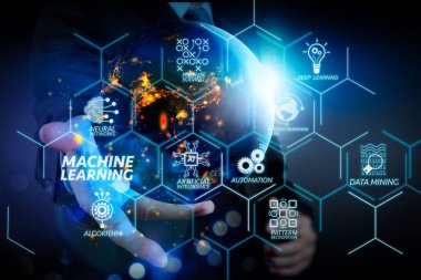 Makine teknolojisi diyagramı yapay zeka (AI), neural ağ, otomasyon, veri madenciliği Vr ekran ile öğrenme. İş el dünya gösteriliyor. Nasa tarafından döşenmiş bu görüntü unsurları