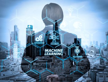 Machine learning technology diagram with artificial intelligence (AI),neural network,automation,data mining in VR screen.success businessman looking at london building as concept clipart