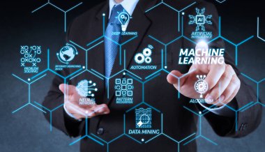 Makine teknolojisi diyagramı yapay zeka (AI), neural ağ, otomasyon, veri madenciliği Vr ekran ile öğrenme. Sanal ekran üzerinde hayali bir düğmeye basarak işadamı el