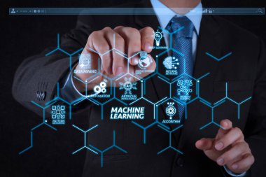 Makine teknolojisi diyagramı yapay zeka (AI), neural ağ, otomasyon, öğrenme veri madenciliği Vr screen.businessman elinde beyaz tahta veya sanal ekran yazma