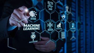 Makine teknolojisi diyagramı yapay zeka (AI), neural ağ, otomasyon, öğrenme Vr screen.businessman el sunucu arka planda bir dokunmatik ekran düğmeye basarak veri incelemesi