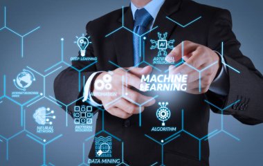 Makine teknolojisi diyagramı yapay zeka (AI), neural ağ, otomasyon, veri madenciliği Vr ekran ile öğrenme. Sanal ekran üzerinde hayali bir düğmeye basarak işadamı el