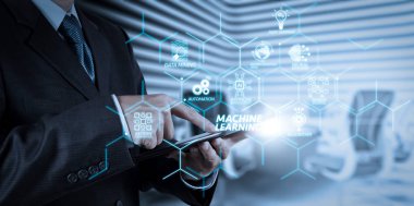 Makine teknolojisi diyagramı yapay zeka (AI), neural ağ, otomasyon, veri madenciliği Vr screen.businessman başarı ile tablet bilgisayar çalışma kurulu oda geçmişi ile öğrenme