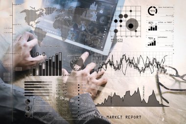 Yatırımcı borsa raporu ve finansal gösterge tablosu ile iş zekası (BI), anahtar performans göstergeleri (KPI) ile analiz. İşadamı el çalışma kavramı. Fotoğraf yatırımcı yeni başlangıç projesi ile çalışma. 