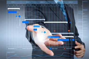Project manager working and update tasks with milestones progress planning and Gantt chart scheduling virtual diagram.business man with an open hand as showing something concept. clipart
