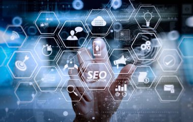 Mobil Web sitesi ve modern teknoloji ve dijital Katman efektini iş stratejisi kavramı olarak çalışma açılış sayfası sanal diagram.businessman el ile Web sitesi için SEO Optimizasyon