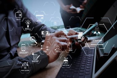 Finans Teknolojileri akış çizelgesi ve temel gelir araştırma cryptocurrency blockchain başlangıç tek boynuzlu at kripto para sanal diyagramı ile. İş takım toplantısı mevcut. Fotoğraf profesyonel yatırımcı yeni start ile çalışma.