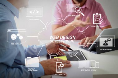 Web sitesi tasarımı sanal diyagramı ile programlama ve kodlama teknolojilerin geliştirilmesi. Bir belge üzerinde birlikte çalışma ve kullanarak iş adamları akıllı telefon ve modern ofis içinde dijital tablet ve dizüstü bilgisayar                                            