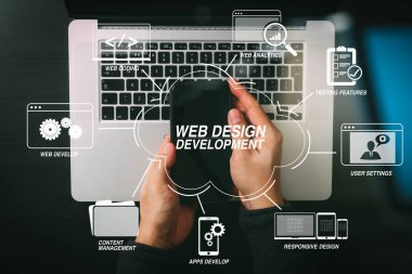 Programlama ve Web sitesi tasarımı sanal diagram.cyber güvenlik kavramı Internet ve ağ teknolojileriyle kodlama geliştirmek. İşadamı el çalışma cep telefonu dizüstü bilgisayar arka plan üzerinde