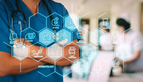 Kozmetik güzellik terapisi, welness, sağlık, sağlık tedavi sanal diyagramı ve düzeltme, gençleştirme, anti-aging procedure.medical Doktor stetoskop ile modern hastanede çalışan işlemle