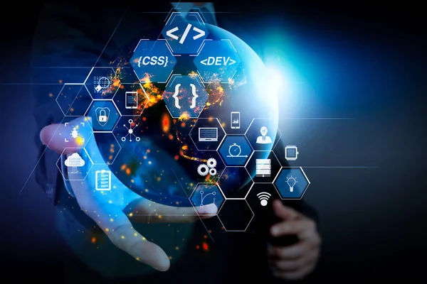 Coding software developer work with augmented reality dashboard computer icons of scrum agile development and code fork and versioning with responsive cybersecurity,Elements of this image furnished by NASA