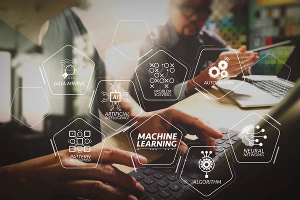 Machine Leren Technologie Diagram Met Kunstmatige Intelligentie Neuraal Netwerk Automatisering — Stockfoto
