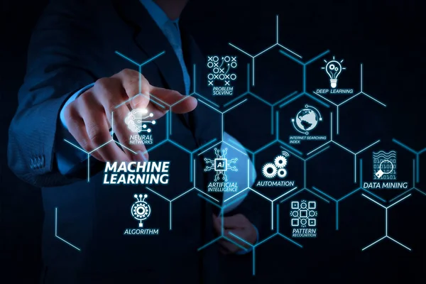 Machine learning technology diagram with artificial intelligence (AI),neural network,automation,data mining in VR screen.businessman hand pointing the whiteboard or virtual screen and copy spac