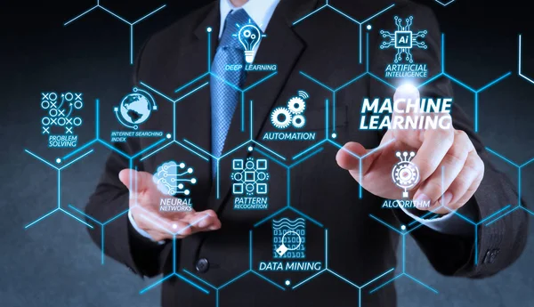 Machine learning technology diagram with artificial intelligence (AI),neural network,automation,data mining in VR screen.Businessman hand pressing an imaginary button on virtual screen