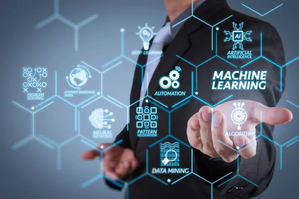 Makine teknolojisi diyagramı yapay zeka (AI), neural ağ, otomasyon, veri madenciliği Vr ekran ile öğrenme. bir şeyler gösteriyor olarak açık bir el ile iş adamı kavramı
