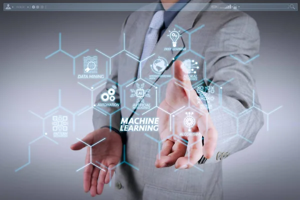 Machine learning technology diagram with artificial intelligence (AI),neural network,automation,data mining in VR screen. business man with an open hand as showing something concept