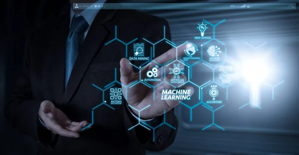Machine learning technology diagram with artificial intelligence (AI),neural network,automation,data mining in VR screen.businessman hand working with touch screen in action