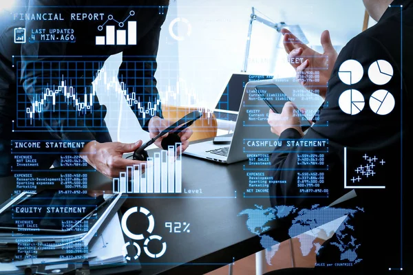 Investerare Analysera Aktiemarknaden Rapport Och Finansiella Dashboard Med Business Intelligence — Stockfoto