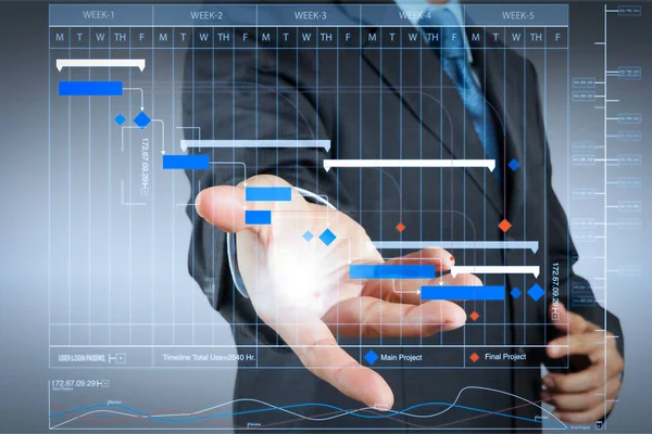 프로젝트 관리자 업데이트 손으로 보여주는 Diagram Business Gantt — 스톡 사진