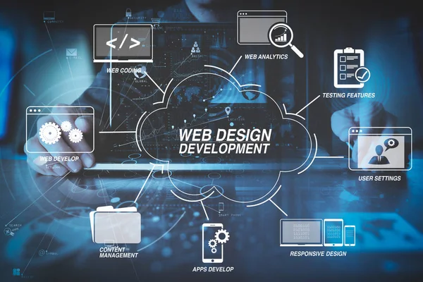 仮想アイコン ダイアグラムと近代的なオフィスに現代のラップトップ コンピューターで作業する仮想 Diagram Businessman 手のウェブサイトの設計とプログラミングとコーディング技術を開発 — ストック写真