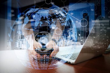 Destek sistemleri (BI) ve anahtar performans göstergeleri (KPI) Pano Vr dünya formu concept.businessman el modern teknoloji ve dijital Katman efektini iş stratejisi olarak çalışma ile iş analizi (Ba).