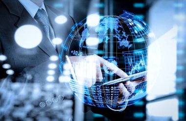 Destek sistemleri (BI) ve iş analizi (Ba) anahtar performans göstergeleri (KPI) panosunda Vr ile form concept.double pozlama, işadamı gösterir modern teknolojinin concep küre