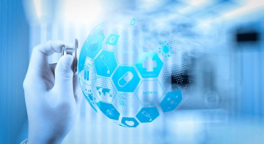 Sağlık ve tıp hizmetleri kavramı ile dünya ya da küresel formu ve Ar interface.close kadar el tıp doktoru ameliyat odasına kavram olarak çalışma