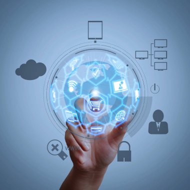 E-ticaret kavramı Vr dijital arabirimi alışveriş sepeti ve Teslimat kamyonunun simgelerle ve kredi kartıyla internet üzerinden online satın alma sembolü. asma kilit ile 3D Dünya online Internet security gibi işaret ver.