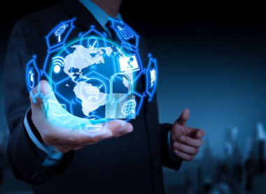 E-ticaret kavramı Vr dijital arabirimi alışveriş sepeti ve Teslimat kamyonunun simgelerle ve kredi kartı ile online alış-veriş internet.businessman yandan sembolü ile Internet security gibi asma kilit ile 3d dünya göstermek