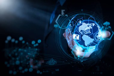 E-ticaret kavramı Vr dijital arabirimi alışveriş sepeti ve Teslimat kamyonunun simgelerle ve kredi kartı ile online satın yeni modern bilgisayar Haritayı sosyal ağ yapısı ile çalışan internet.businessman sembolü