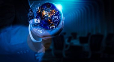 E-ticaret kavramı Vr dijital arabirimi alışveriş sepeti ve Teslimat kamyonunun simgelerle ve kredi kartıyla internet üzerinden online satın alma sembolü. Dünya gece Nasa tarafından döşenmiş bu görüntü unsurları işadamı elinde tutuyordu