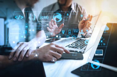 Ar yeni tasarım dashboard bilgisayar simgeler scrum çevik geliştirme ve kod çatal ve duyarlı cybersecurity ile sürüm oluşturma ile kodlama yazılım geliştirici çalışma. İş takım meeting.professional yatırımcı çalışma