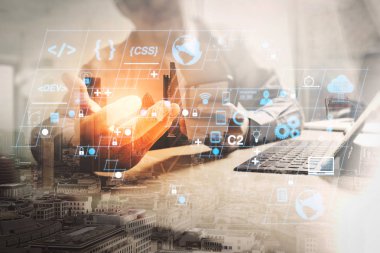 Ar yeni tasarım dashboard bilgisayar simgeler scrum çevik geliştirme ve kod çatal ve duyarlı cybersecurity ile sürüm oluşturma ile kodlama yazılım geliştirici çalışma. Başarı işadamı çalışma çift pozlama