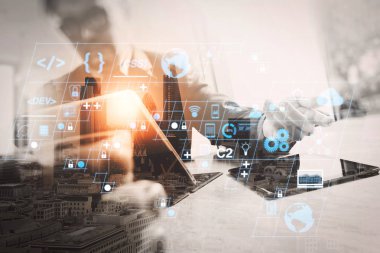 Ar yeni tasarım dashboard bilgisayar simgeler scrum çevik geliştirme ve kod çatal ve duyarlı cybersecurity ile sürüm oluşturma ile kodlama yazılım geliştirici çalışma. Başarı işadamı çalışma çift pozlama 