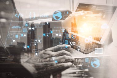 Ar yeni tasarım dashboard bilgisayar simgeler scrum çevik geliştirme ve kod çatal ve duyarlı cybersecurity ile sürüm oluşturma ile kodlama yazılım geliştirici çalışma. İşadamı el çalışma kavramı.